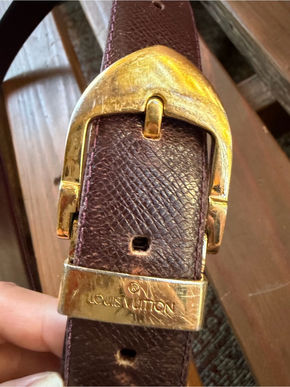 Louis Vuitton Men's Deep Burgundy Leather Belt with Gold-Tone Buckle Sz 110/44